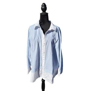 Martha Stewart Shirt Blue Striped Button-Up Blouse Stretch White Collar Cuffs